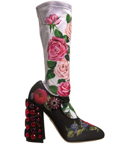 Black Floral Socks Crystal Boots Jersey Shoes - Image 5