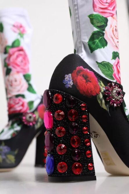 Black Floral Socks Crystal Boots Jersey Shoes - Image 8