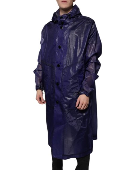 Dark Blue Cotton Hooded Men Raincoat Jacket - Image 3