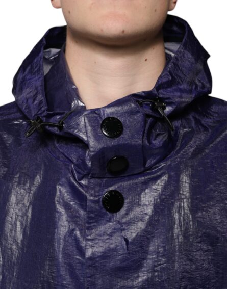 Dark Blue Cotton Hooded Men Raincoat Jacket - Image 5