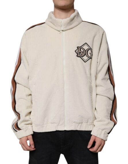 Beige Logo Applique Cotton Corduroy Full Zip Jacket - Image 2