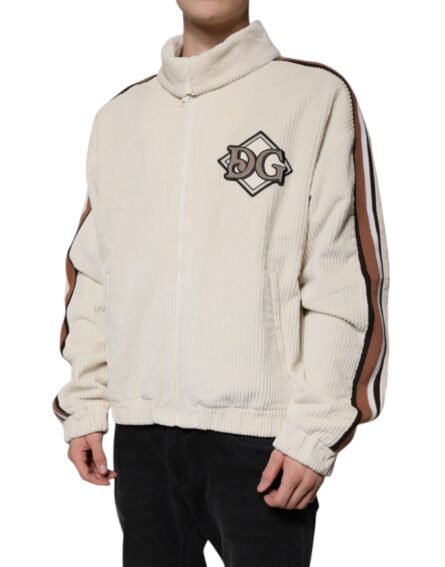 Beige Logo Applique Cotton Corduroy Full Zip Jacket - Image 3