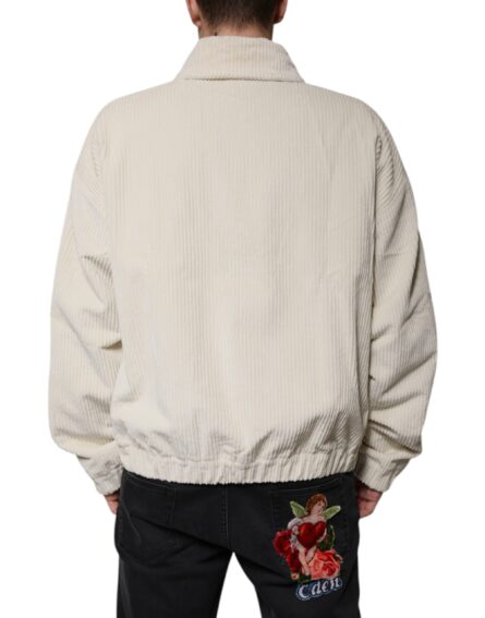 Beige Logo Applique Cotton Corduroy Full Zip Jacket - Image 4