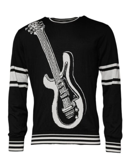 Black White Guitar Silk Crew Neck Sweater - Image 3