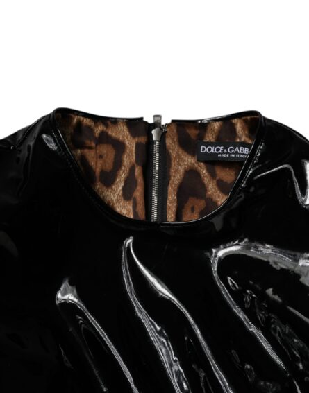 Black Patent Leather Puff Sleeves Mini Dress - Image 6