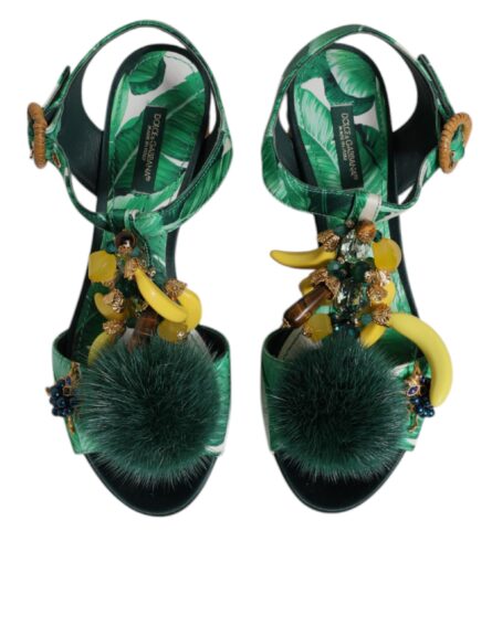Green Crystal Fur Embellished Sandals Shoes - Image 2