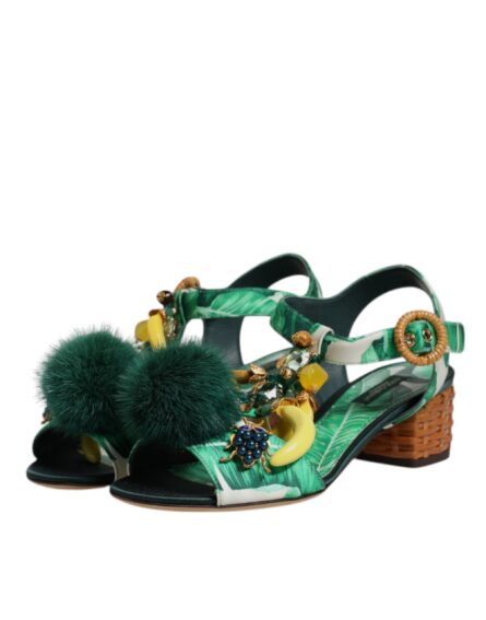 Green Crystal Fur Embellished Sandals Shoes - Image 3