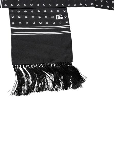 Black White Polka Dotted Silk Skinny Fringes Scarf - Image 3