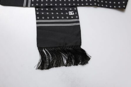 Black White Polka Dotted Silk Skinny Fringes Scarf - Image 4