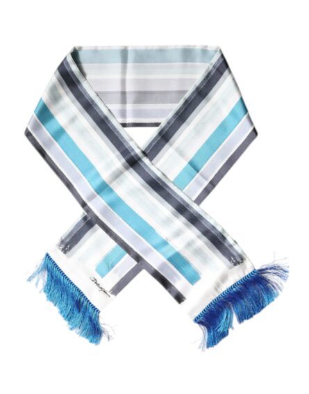 White Blue Stripes Silk Fringes Wrap Scarf - Image 2