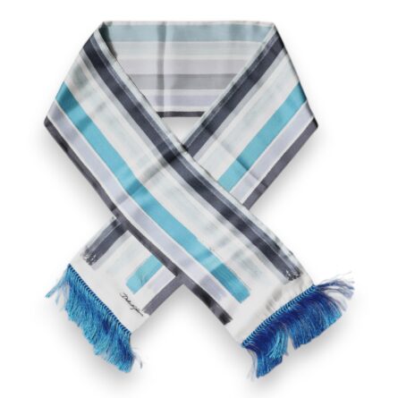 White Blue Stripes Silk Fringes Wrap Scarf - Image 3