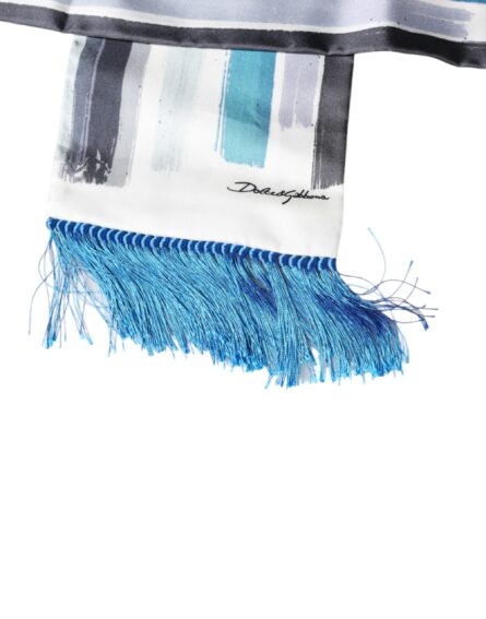White Blue Stripes Silk Fringes Wrap Scarf - Image 4