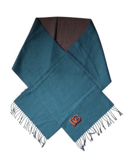 Blue Green Wool Fringes Wrap Shawl Scarf - Image 4