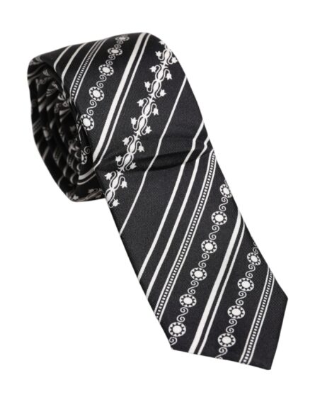 Black White Stripes Silk Adjustable Necktie Tie - Image 2