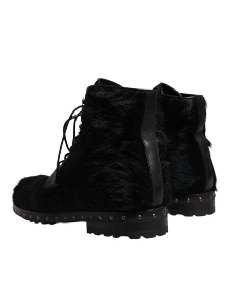 Black Pony Style Leather Mid Calf Boots Shoes - Image 3