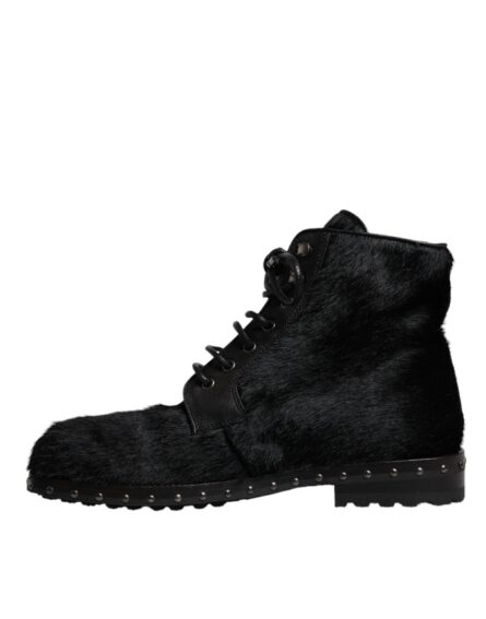 Black Pony Style Leather Mid Calf Boots Shoes - Image 4