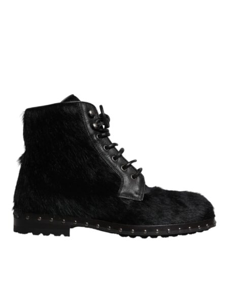 Black Pony Style Leather Mid Calf Boots Shoes - Image 5