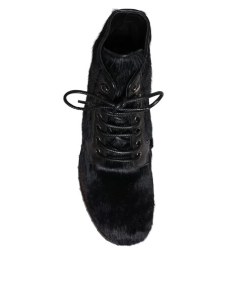 Black Pony Style Leather Mid Calf Boots Shoes - Image 8