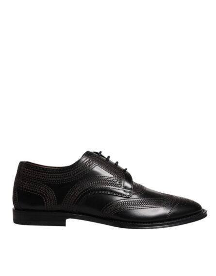 Black Embroidered Classic Leather Derby Dress Shoes - Image 6