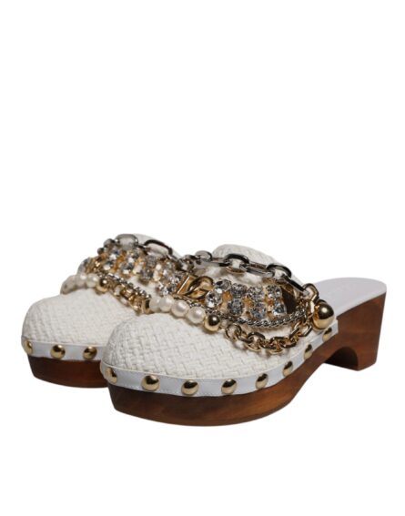 White Raffia Clogs Bejeweled Chain Sandals Shoes - Image 2