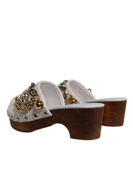 White Raffia Clogs Bejeweled Chain Sandals Shoes - Image 3