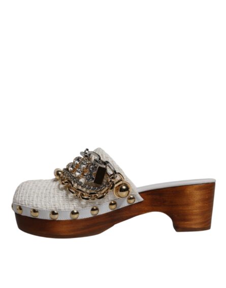 White Raffia Clogs Bejeweled Chain Sandals Shoes - Image 4