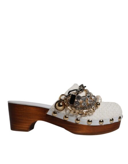 White Raffia Clogs Bejeweled Chain Sandals Shoes - Image 5