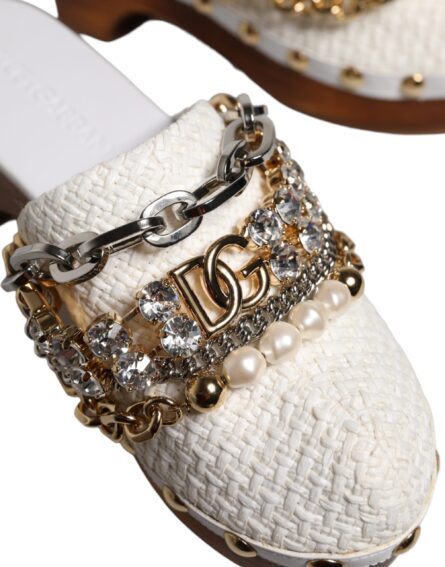 White Raffia Clogs Bejeweled Chain Sandals Shoes - Image 8