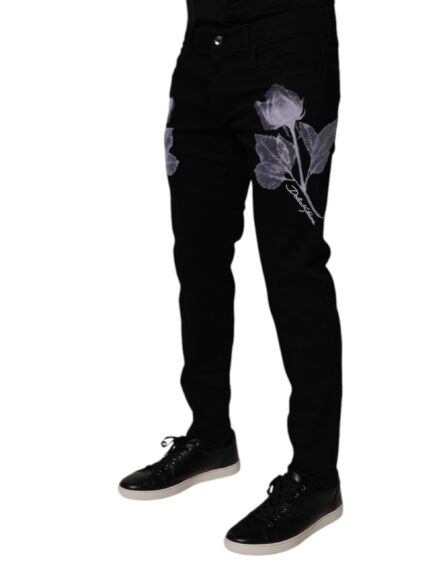 Black Floral Cotton Skinny Men Denim Jeans - Image 3