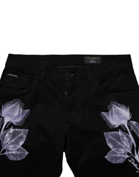 Black Floral Cotton Skinny Men Denim Jeans - Image 5