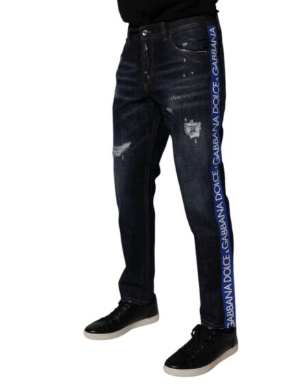Dark Blue Cotton Tattered Skinny Denim Jeans - Image 3