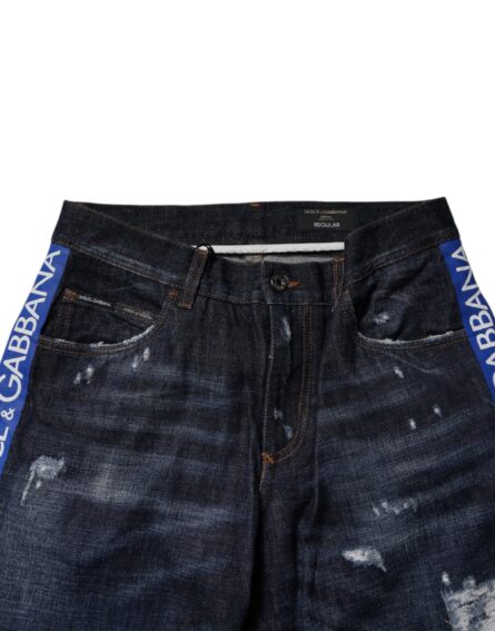 Dark Blue Cotton Tattered Skinny Denim Jeans - Image 5