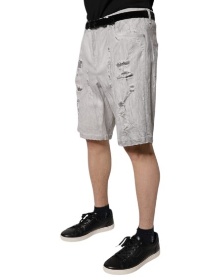 Light Gray Tattered Men Denim Bermuda Shorts - Image 3