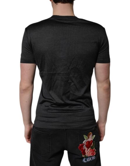 Dark Gray Silk V-neck Short Sleeves T-shirt - Image 4