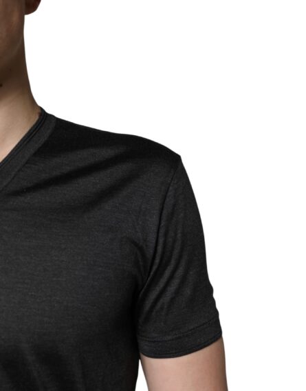 Dark Gray Silk V-neck Short Sleeves T-shirt - Image 5
