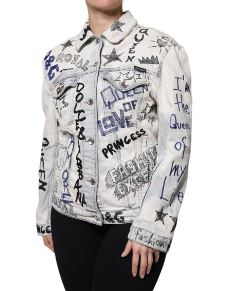 Light Blue Graffiti Button Down Denim Jacket - Image 3
