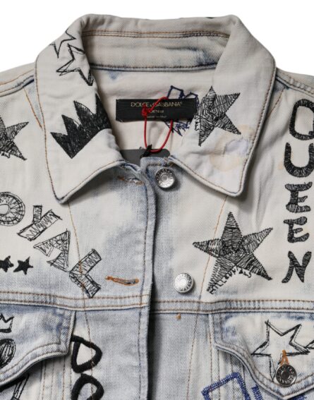Light Blue Graffiti Button Down Denim Jacket - Image 6