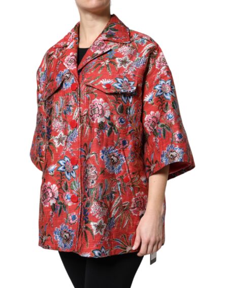 Red Floral Jacquard Button Down Coat Jacket - Image 3