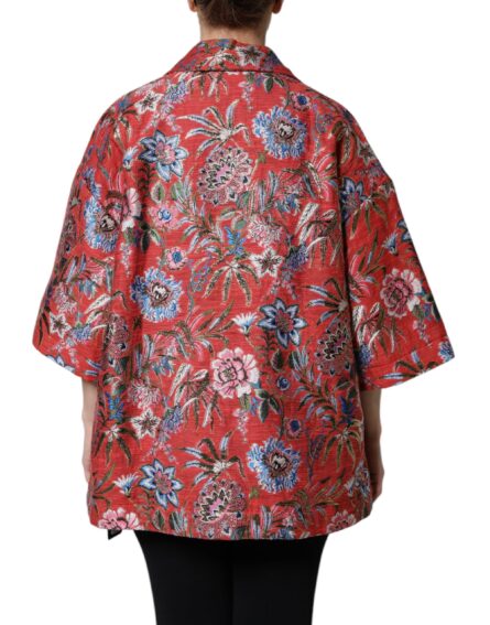 Red Floral Jacquard Button Down Coat Jacket - Image 4