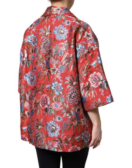 Red Floral Jacquard Button Down Coat Jacket - Image 6