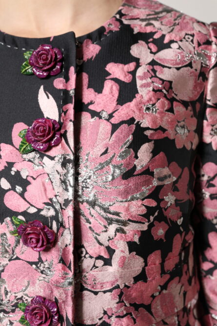 Pink Black Floral Brocade Trenchcoat Jacket - Image 6