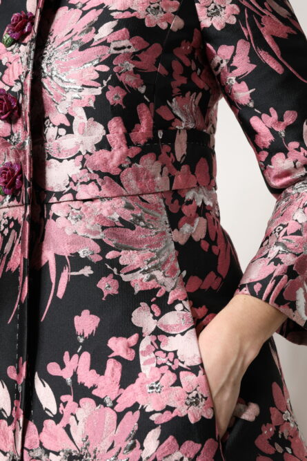 Pink Black Floral Brocade Trenchcoat Jacket - Image 7