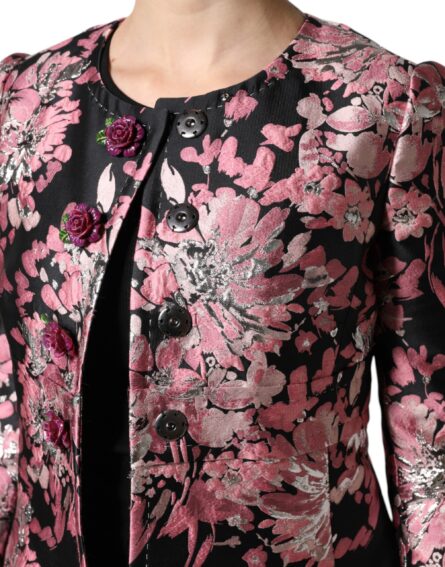 Pink Black Floral Brocade Trenchcoat Jacket - Image 8