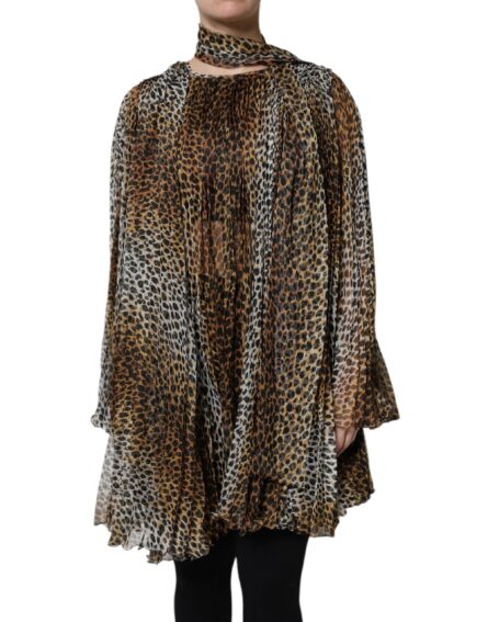Brown Leopard Print Scarf Collared Chiffon Dress - Image 2