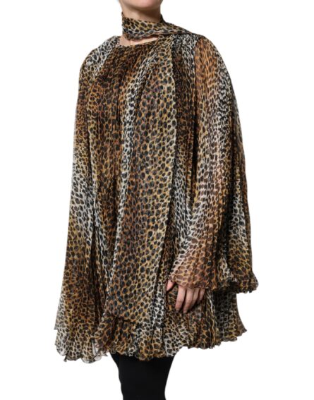 Brown Leopard Print Scarf Collared Chiffon Dress - Image 3