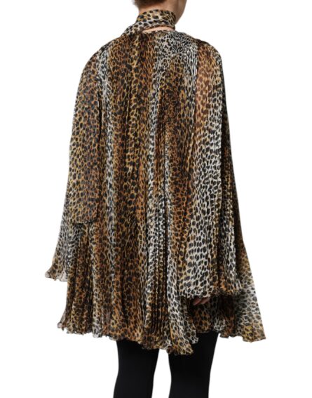 Brown Leopard Print Scarf Collared Chiffon Dress - Image 5