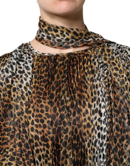 Brown Leopard Print Scarf Collared Chiffon Dress - Image 6