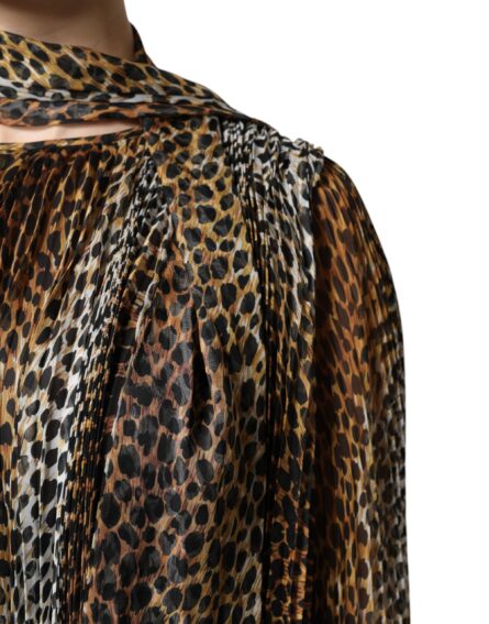Brown Leopard Print Scarf Collared Chiffon Dress - Image 7