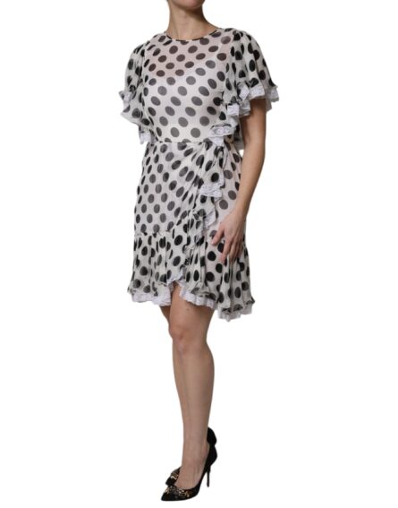 White Polka Dotted Silk Blend A-line Dress - Image 3