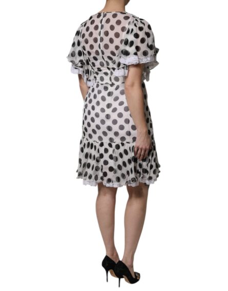 White Polka Dotted Silk Blend A-line Dress - Image 5